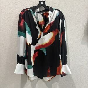 Chico’s Size 2 Abstract Print Blouse Long Sleeve Split Neck Tunic Top L